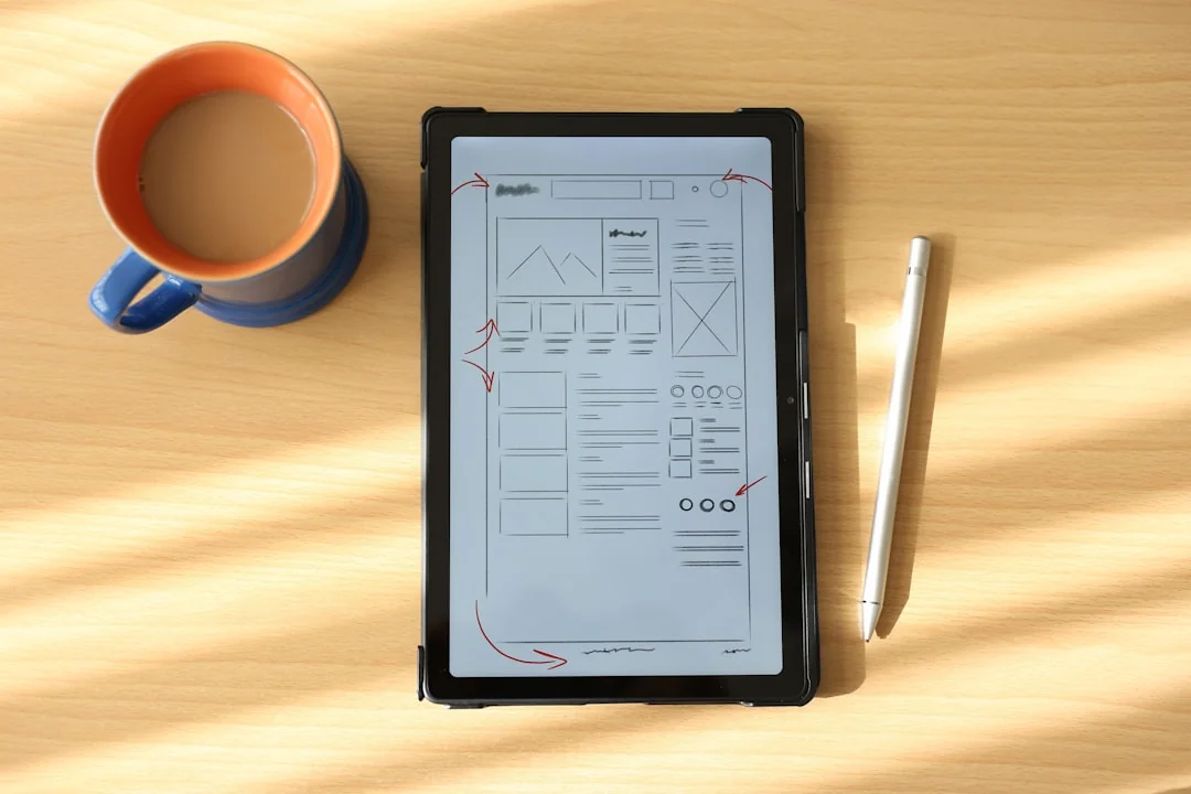 A modern workspace featuring dual computer monitors displaying web design projects, emphasizing technology and productivity.
